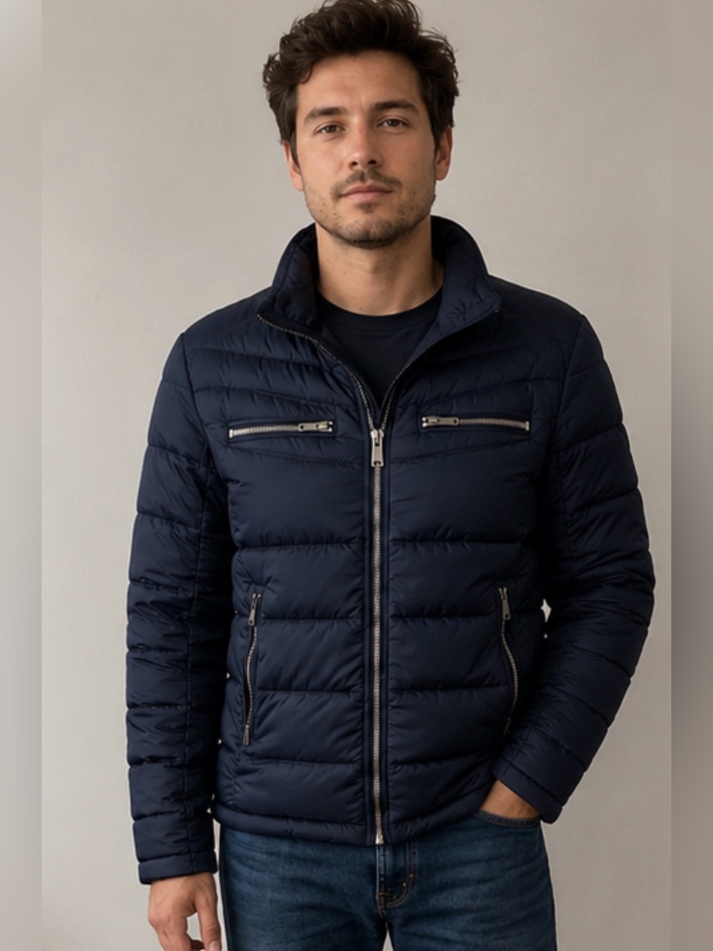 Diesel Men’s L Navy Blue Down Puffer Jacket Size L 90% Duck Down Full Zip